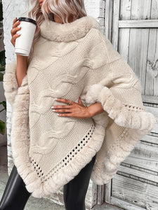Women's Fur Collar Hemp Pattern Cardigan Cape Sweater