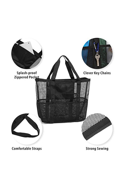 Black Multi-pocket Large Mesh Tote Bag