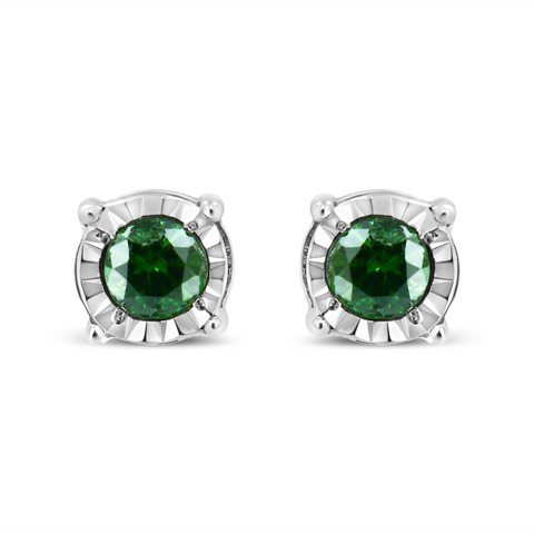 Sterling Silver Rose Cut Treated Green Diamond Solitaire Stud Earrings (0.25 cttw, Green Color, I2-I3 Clarity)