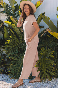 Blue Solid Corded Knit Short Sleeve T Shirt and Wide Leg Pants Set