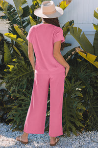 Blue Solid Corded Knit Short Sleeve T Shirt and Wide Leg Pants Set