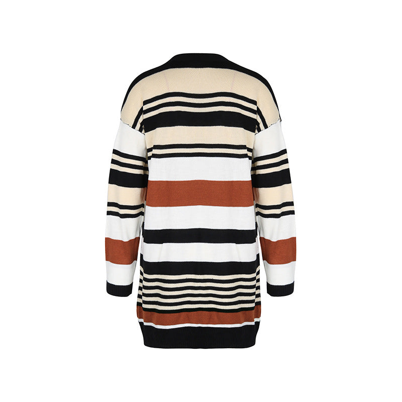 Autumn Winter Women Color Matching Long Sweater Cardigan