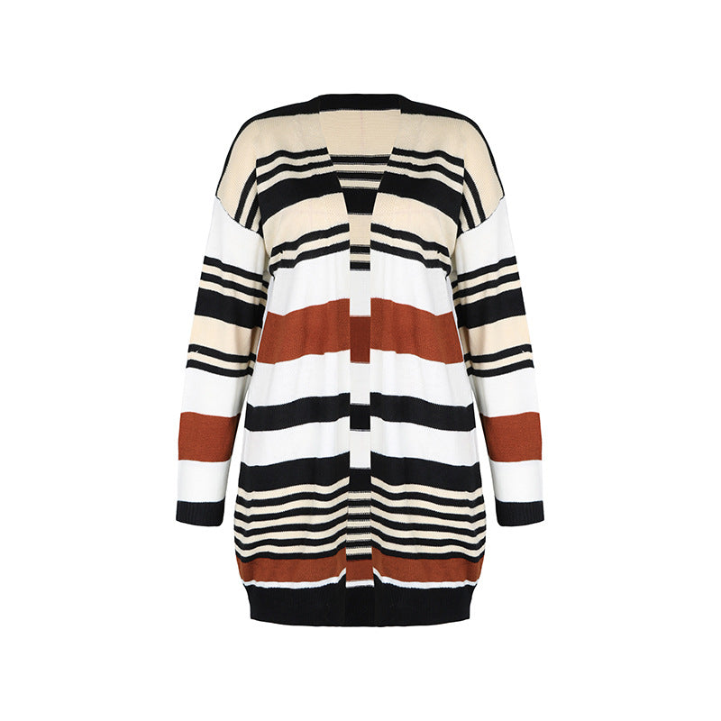 Autumn Winter Women Color Matching Long Sweater Cardigan