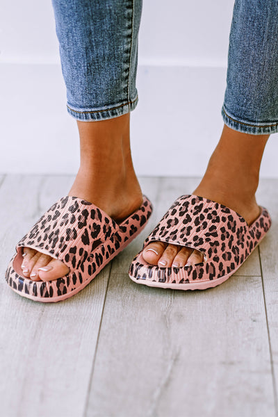 Pink Leopard Print Thick Sole Slip On Slippers