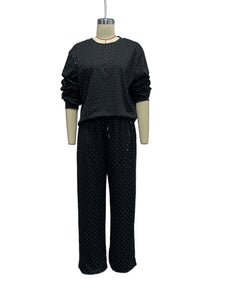 Women's casual round neck long sleeve full body hot diamond drawstring ankle two piece suit