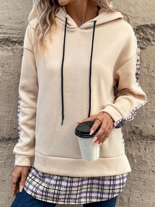 New women's fashion hooded contrasting plaid splicing slit sweatshirt